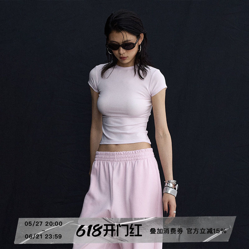 ourhour 修身正肩 浅粉色小圆领收腰短袖T恤 女夏设计感纯色上衣