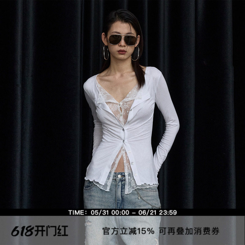 ourhour 蕾丝拼接 纯色假两件木耳边修身长袖开衫 女春设计感上衣