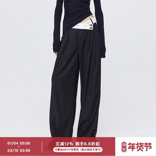 ourhour 斜边翻腰 黑色灰色捏褶阔腿西装裤 女春秋设计感拖地长裤
