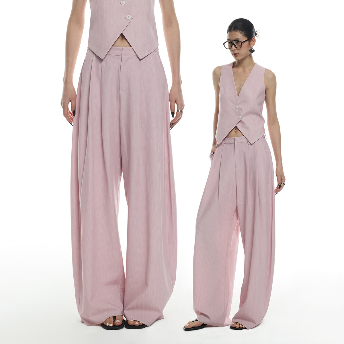 ourhour 高智感条纹 淡暮粉斜门襟马甲 捏褶阔腿西裤 2026春套装