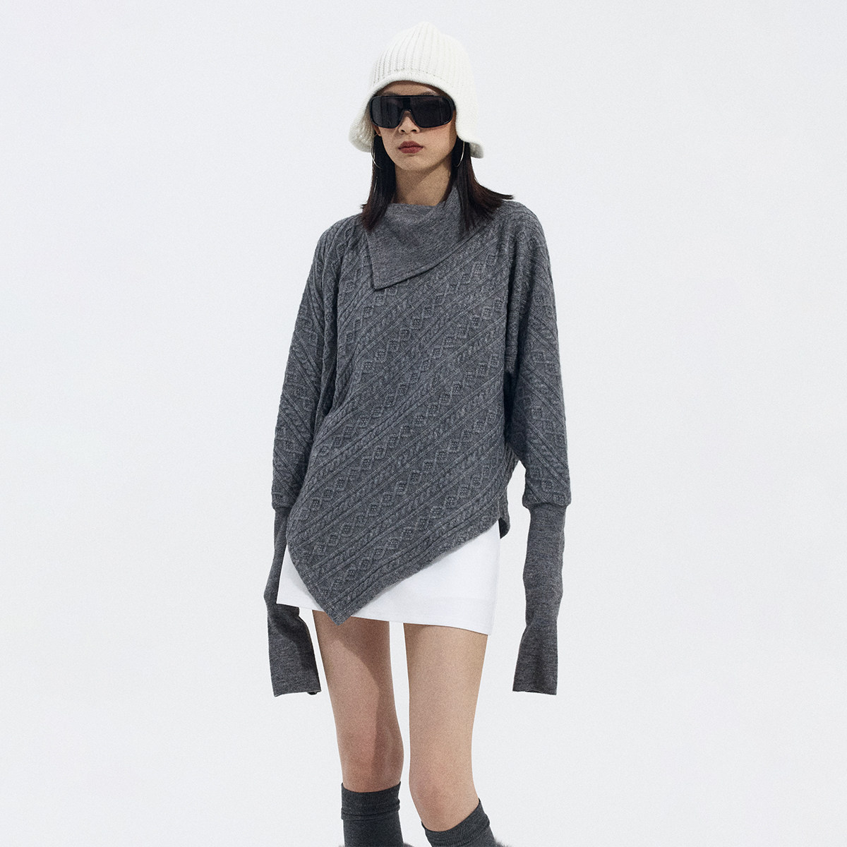 ourhour灰色翻折领麻花针织毛衣