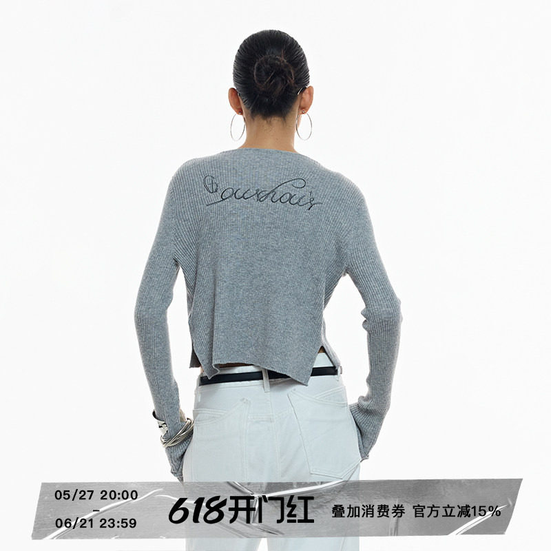 ourhour 后背刺绣 灰色V领短款羊毛混纺开衫 女秋设计感纯色毛衣