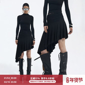 ourhour 高领紧身打底衣套装 黑色二件套 两侧捏褶斜边不对称短裙