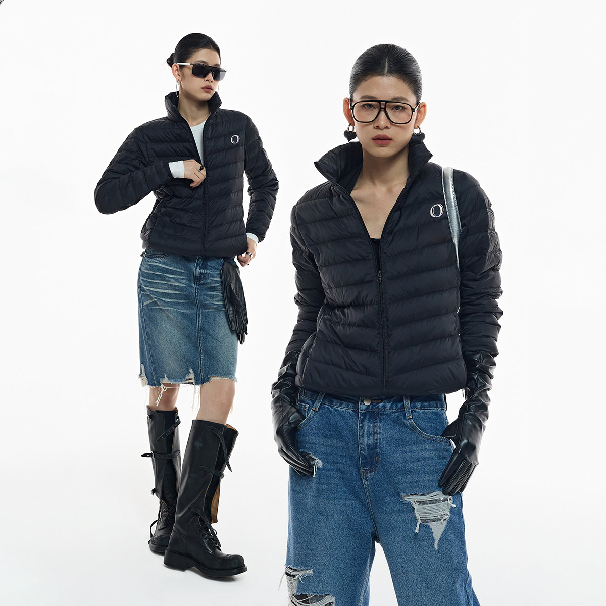 ourhour 轻薄便携 黑色立领轻型排骨羽绒服夹克 女春设计感外套