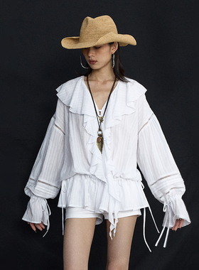 ourhour 波嬉风 白色V领荷叶边系带抽绳镂空衬衫 女BohoChic衬衣