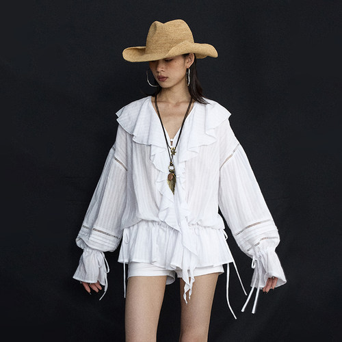 ourhourV领荷叶边镂空抽绳衬衫