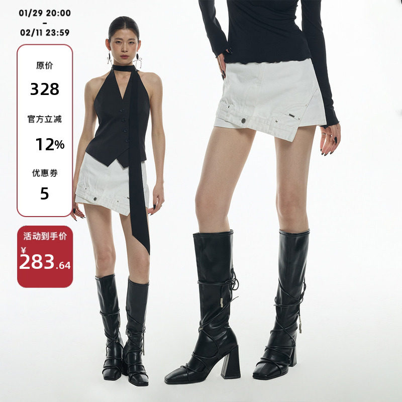 ourhour 解构错位 白色前片不规则A字牛仔短裙裤 女春设计感短裤