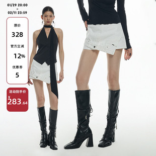 ourhour 解构错位 白色前片不规则A字牛仔短裙裤 女春设计感短裤