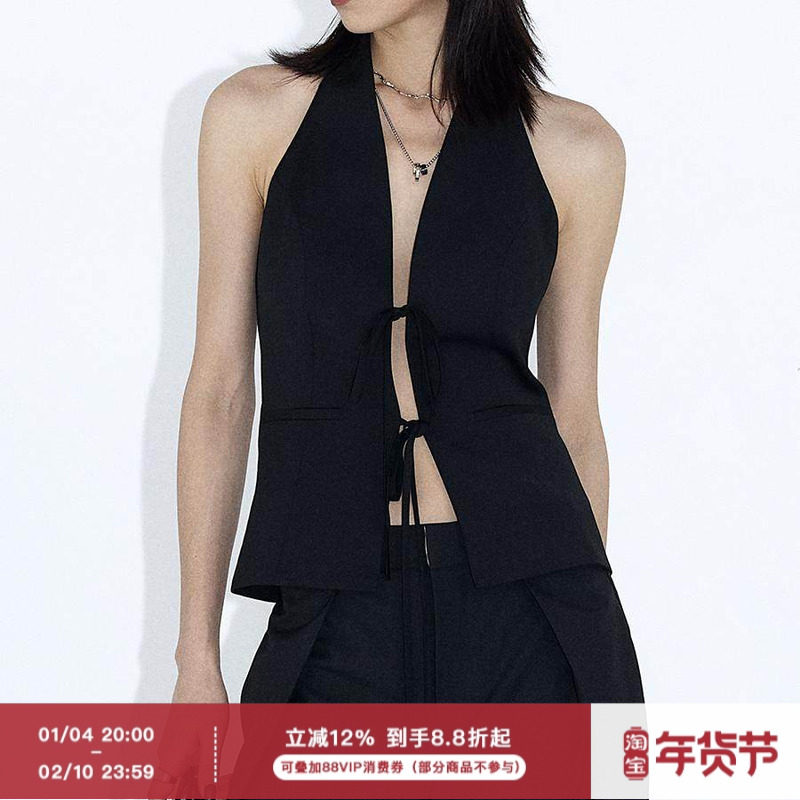 ourhour 挂脖削肩 黑色V领系带门襟西装马甲 女春季设计感上衣