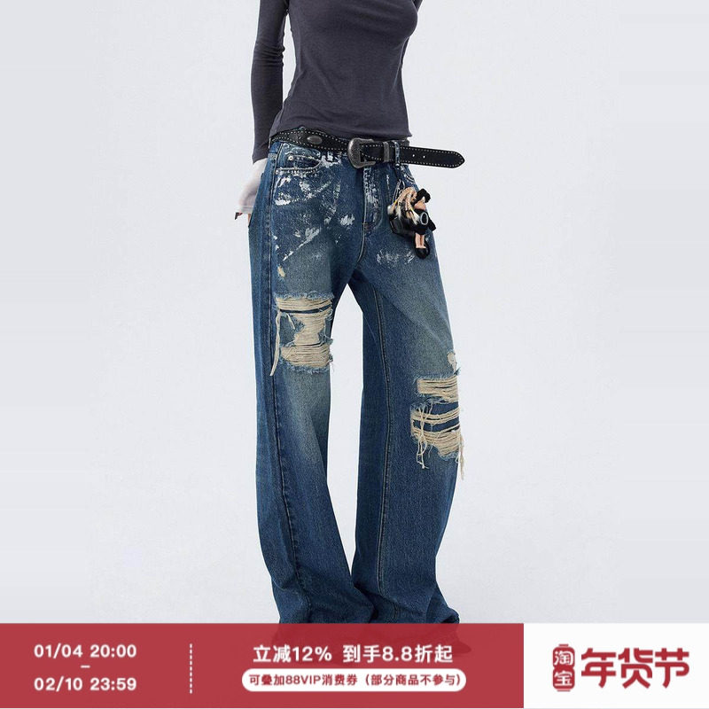 ourhour 手工烫银 复古蓝贴布破口阔腿银箔牛仔裤 女冬设计感长裤,女装/女士精品,牛仔裤,淘宝优惠券,粉丝福利购,淘宝优惠卷