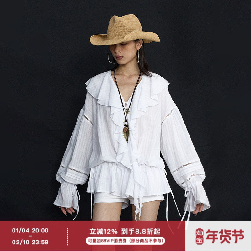 ourhour 波嬉风 白色V领荷叶边系带抽绳镂空衬衫 女BohoChic衬衣