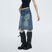 女春设计感包臀短裙 水洗磨破不规则下摆牛仔中裙 ourhour 复古蓝