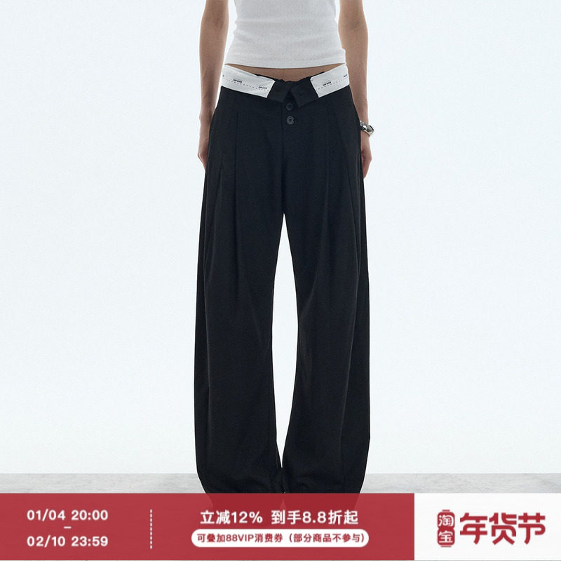ourhour 排扣门襟 黑色可翻腰捏褶宽松阔腿西裤 女秋设计感休闲裤,女装/女士精品,休闲裤,淘宝优惠券,粉丝福利购,淘宝优惠卷