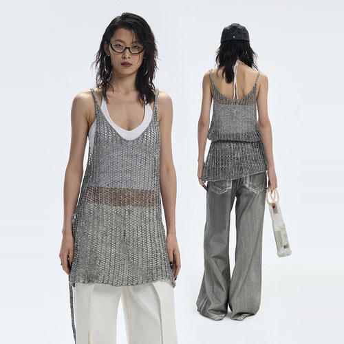 ourhour银葱镂空网状u领针织吊带