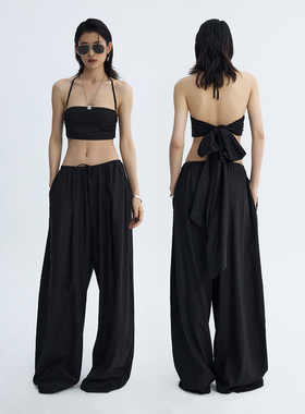 ourhour 大蝴蝶结绑带 黑色挂脖棉麻抹胸宽松阔腿裤 女夏休闲套装