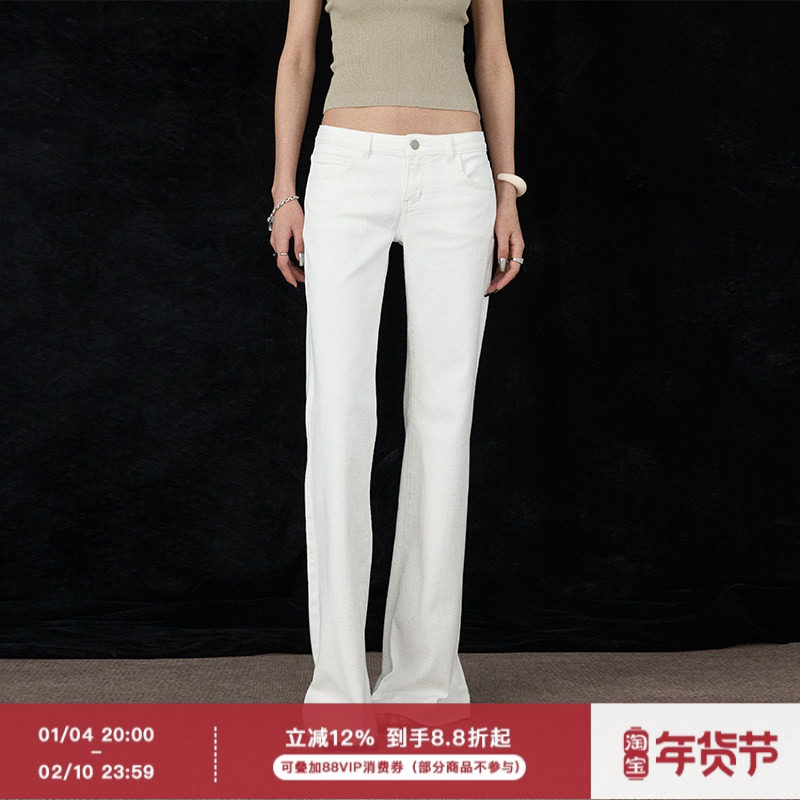 ourhour 后口袋刺绣 白色黑色中腰直筒微喇牛仔裤 女春设计感长裤