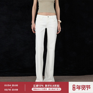 ourhour 后口袋刺绣 白色黑色中腰直筒微喇牛仔裤 女春设计感长裤