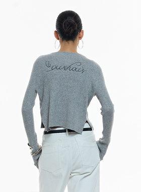 ourhour 后背刺绣 灰色V领短款羊毛混纺开衫 女秋设计感纯色毛衣