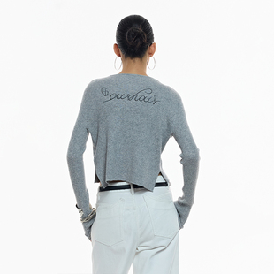 ourhour 后背刺绣 灰色V领短款羊毛混纺开衫 女秋设计感纯色毛衣