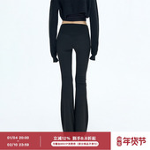 ourhour 女冬设计感显瘦长裤 加宽腰头 黑色前口袋抓绒瑜伽喇叭裤