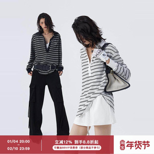 ourhour 条纹撞色 黑色白色纽扣翻领宽松长袖T恤 女秋设计感上衣