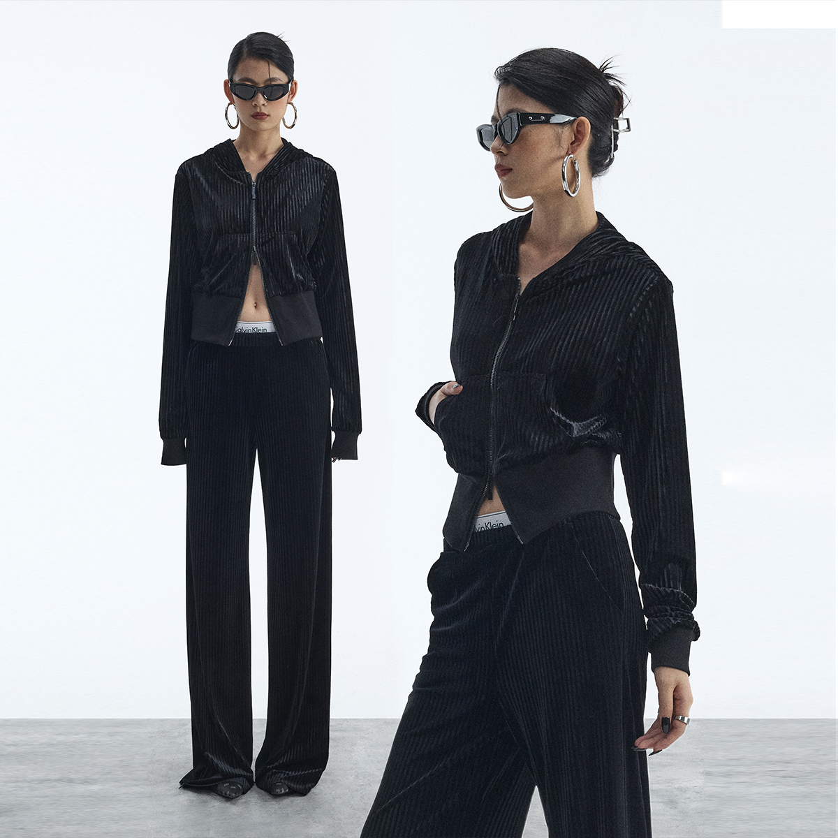 ourhour丝绒宽螺纹连帽上衣套装