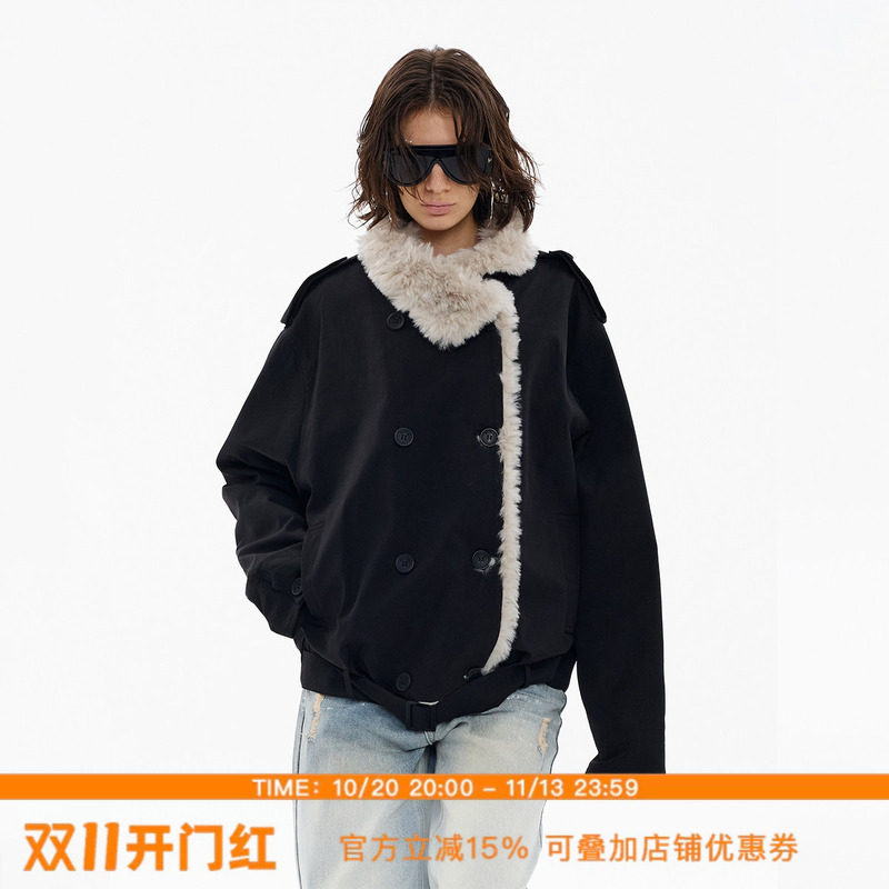 ourhour 下摆腰带 黑色毛毛翻领双排扣宽松外套 女冬设计感棉服