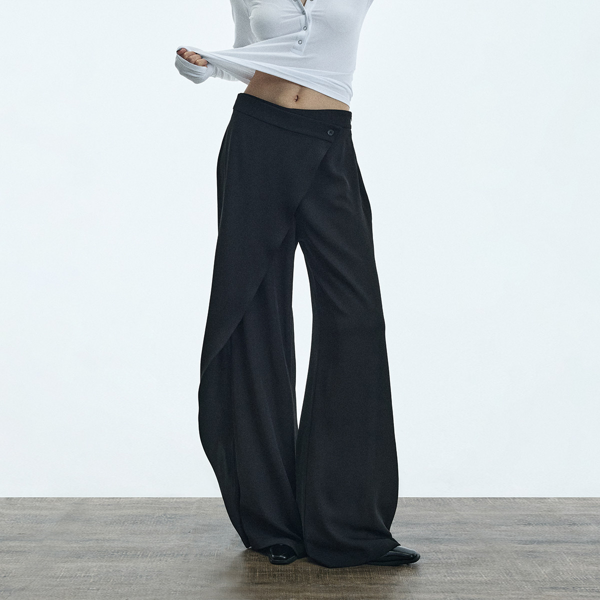 ourhour 斜拼错位 黑色中低腰裙片式宽松阔腿西裤 女冬设计感长裤