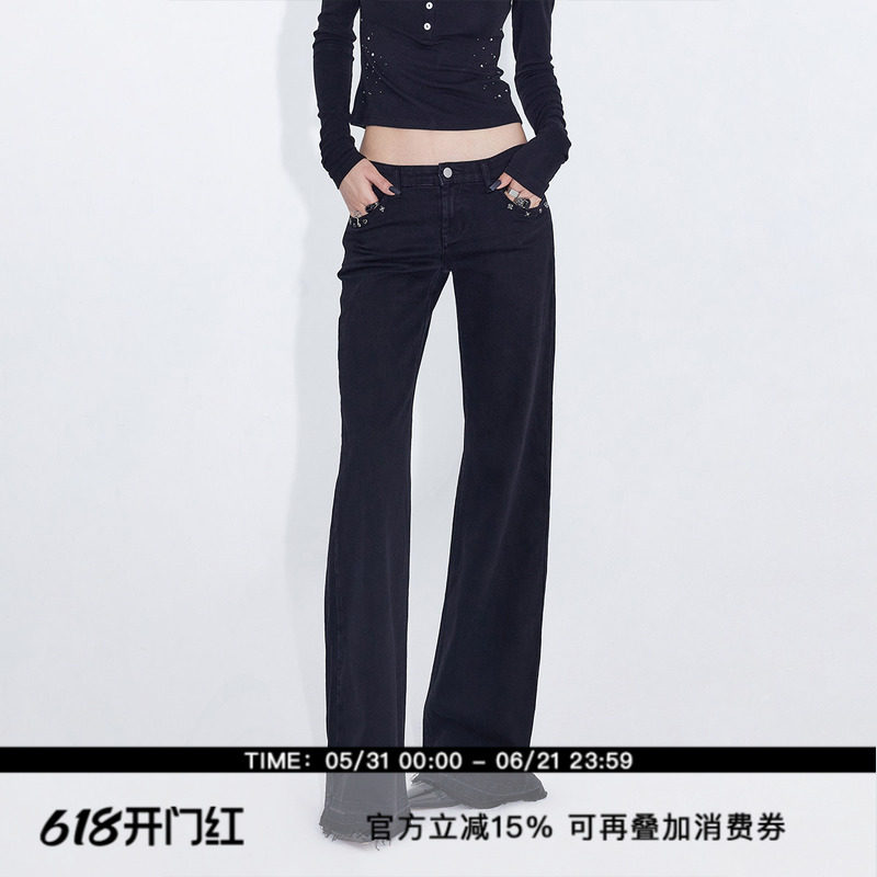 ourhour 口袋铆钉 黑色中腰直筒微喇毛边牛仔裤 女春设计感休闲裤