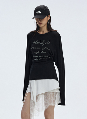 ourhour 珍珠烫钻 黑色灰色可收腰莱赛尔长袖T恤 女秋设计感上衣