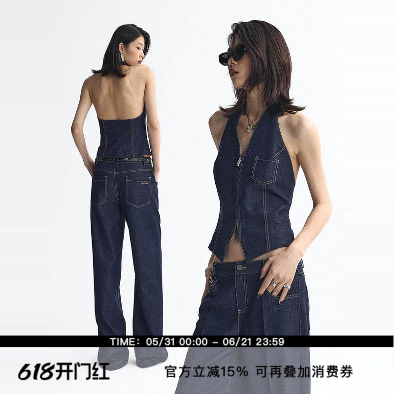 ourhour 复古丹宁 挂脖V领拉链明线天丝牛仔马甲 女春设计感背心