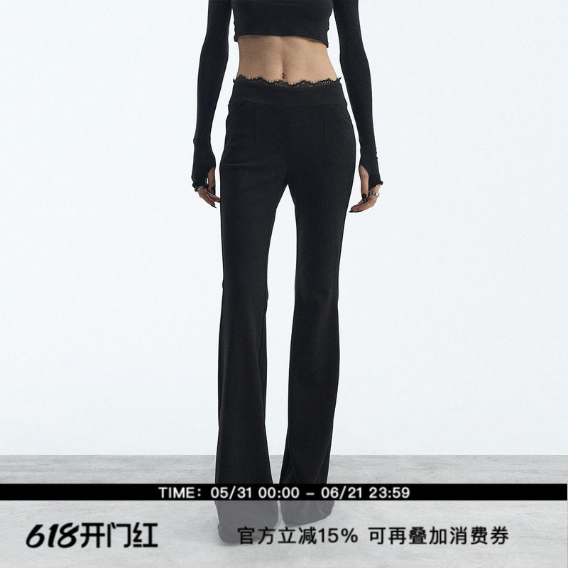 ourhour 蕾丝花边 黑色修身显瘦中腰休闲喇叭裤 女冬季设计感长裤