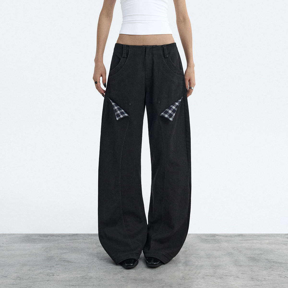 ourhour黑色格纹口袋分割弯刀裤