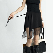 女夏设计感半裙 黑色拼接蕾丝花边不规则短裙 ourhour 假两件系带