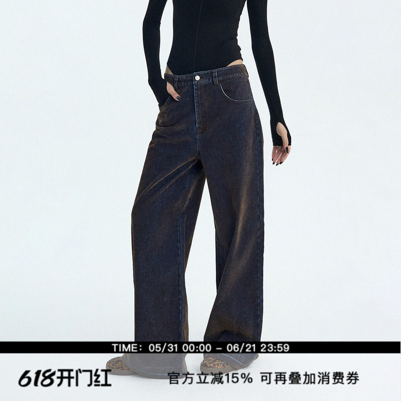 ourhour 复古做旧 铁锈蓝光泽感中低腰植绒牛仔裤 女冬设计感长裤