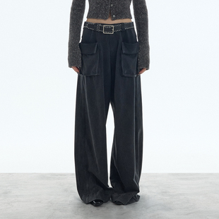 女秋设计感休闲裤 ourhour 大口袋宽松弯刀裤 石墨灰工装 重工砂洗