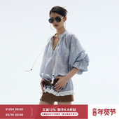 ourhour 女秋设计感薄上衣 衬衫 流苏下摆 蓝白条纹刺绣宽松花苞袖