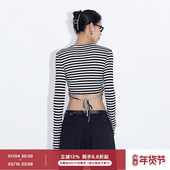 黑色条纹腰部抽褶莱赛尔上衣 ourhour 绑带露腰 女秋设计感打底衣