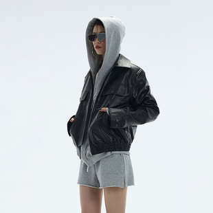 饰皮衣夹克外套 黑色袋盖装 女秋设计感机车皮衣 宽松廓形 ourhour
