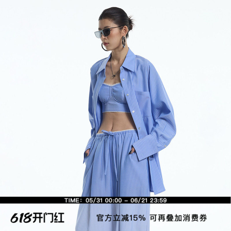ourhour 航海度假 蓝白条纹oversize男友风宽松遮肉显瘦春夏衬衫