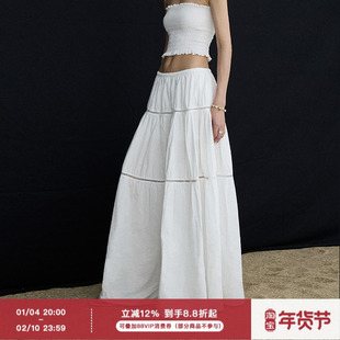 ourhour 镂空拼接 白色松紧腰宽松长款塔裙半身裙 女夏设计感半裙