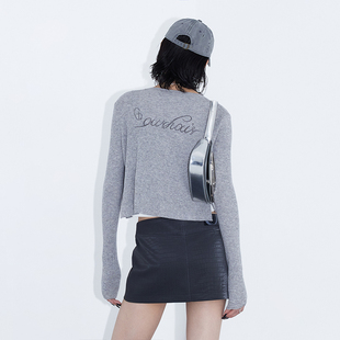 ourhour 后背刺绣 灰色V领短款羊毛混纺开衫 女秋设计感纯色毛衣