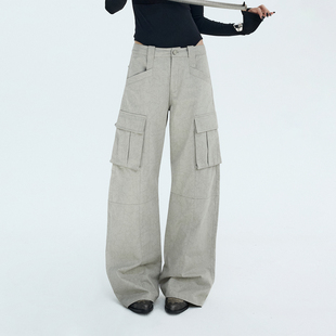 复古斑驳 休闲裤 冰川灰分割造型大口袋工装 女冬季 弯刀裤 ourhour