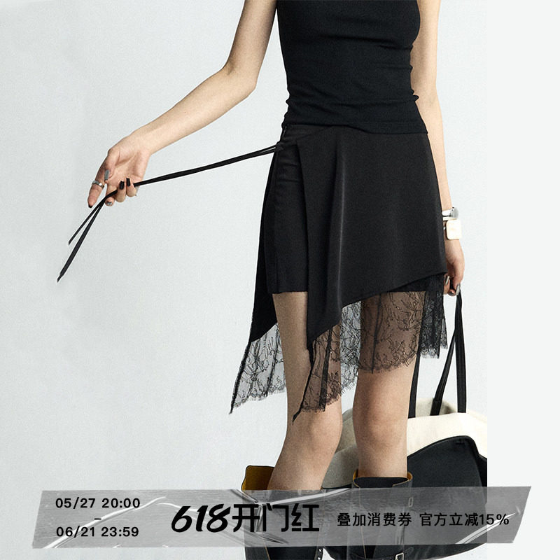 ourhour 假两件系带 黑色拼接蕾丝花边不规则短裙 女夏设计感半裙