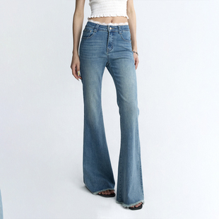 ourhour 蕾丝花边 水洗蓝高腰修身喇叭牛仔裤 女夏设计感显瘦长裤