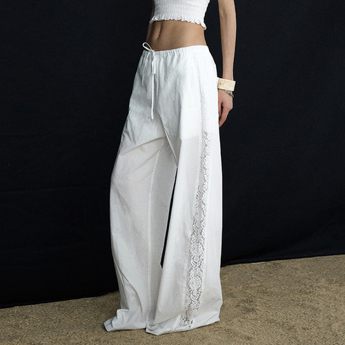 ourhour抽绳拼接镂空蕾丝长裤