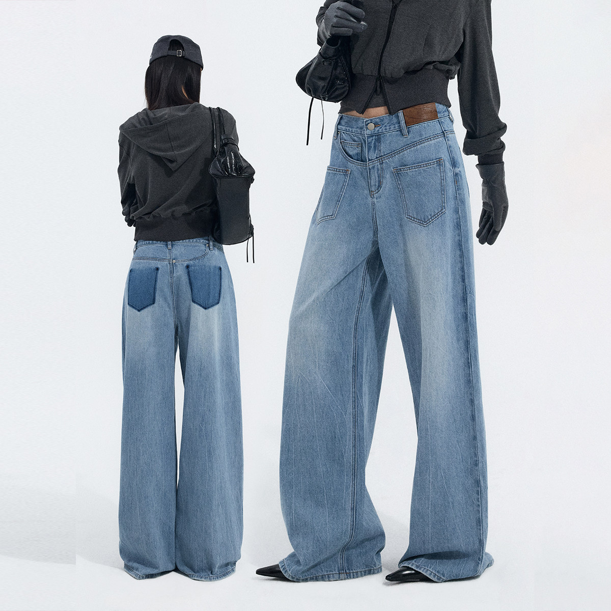 ourhour 解构拼接 水洗蓝前口袋造型宽松牛仔裤 女冬设计感阔腿裤