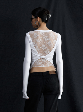 ourhour 蝴蝶结蕾丝露背 白色圆领修身长袖上衣 女冬设计感打底衣