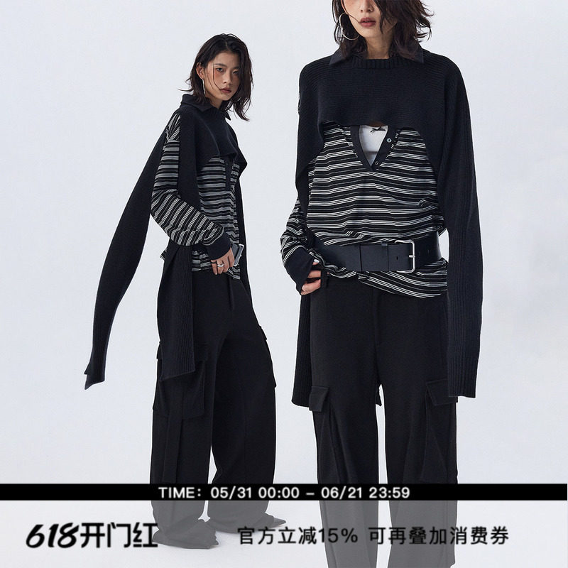 ourhour 一只袖 黑灰套头不对称开衩针织披肩 女秋设计感外搭围巾