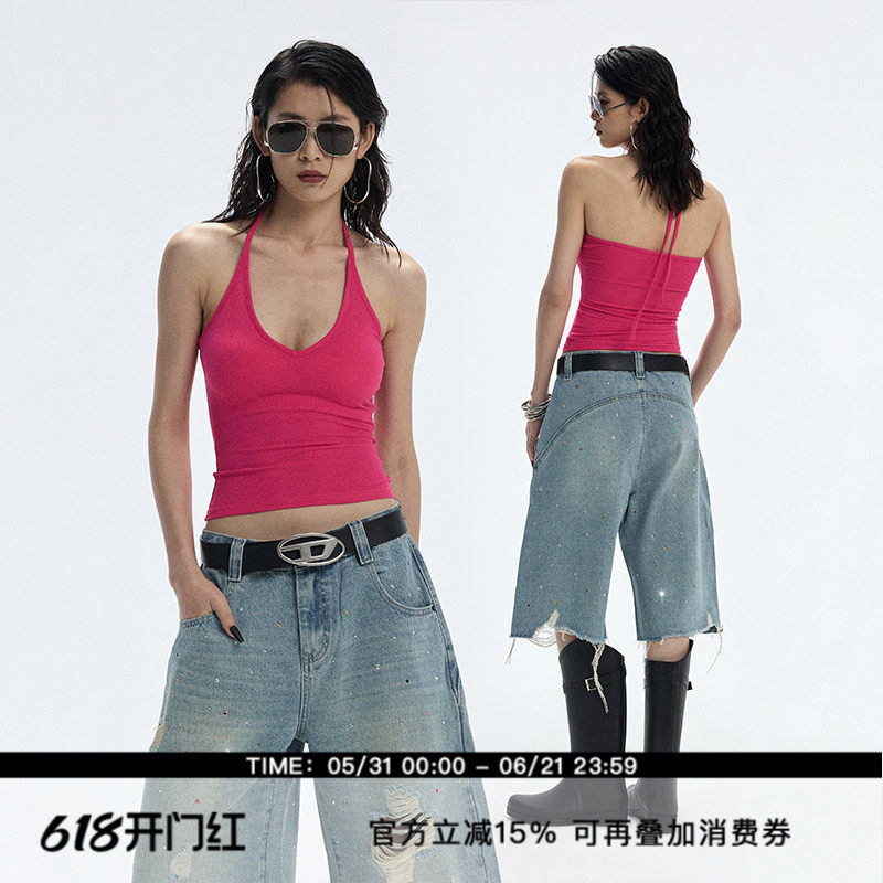 ourhour 挂脖系带 多巴胺彩色深U领带胸垫修身背心女夏设计感吊带
